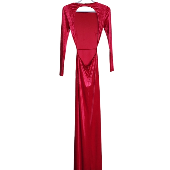 H&M Red Velour Long Sleeve Maxi Dress with Slit and Open Back Size XS - Picture 2 of 9